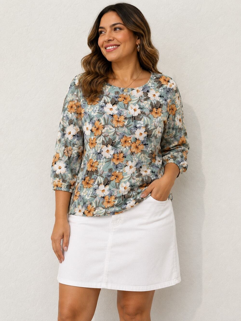 EMERY Rose Sage Green Hawaiian Floral Blouse Top Medium Boho 3/4 Sleeve Vacation